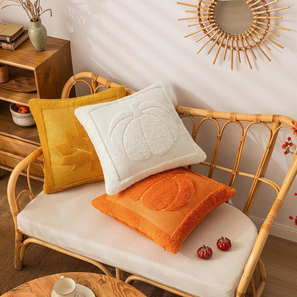 Pumpkin Fall Throw Pillow Covers 18"x18" Set of 2 Orange Embroidered Plush Soft - Picture 5 of 6